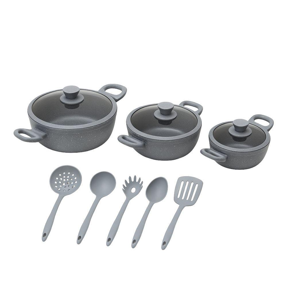  tris tegami effetto marmo con coperchi in vetro e 5 mestoli  20cm 24cm 28cm - foto 3