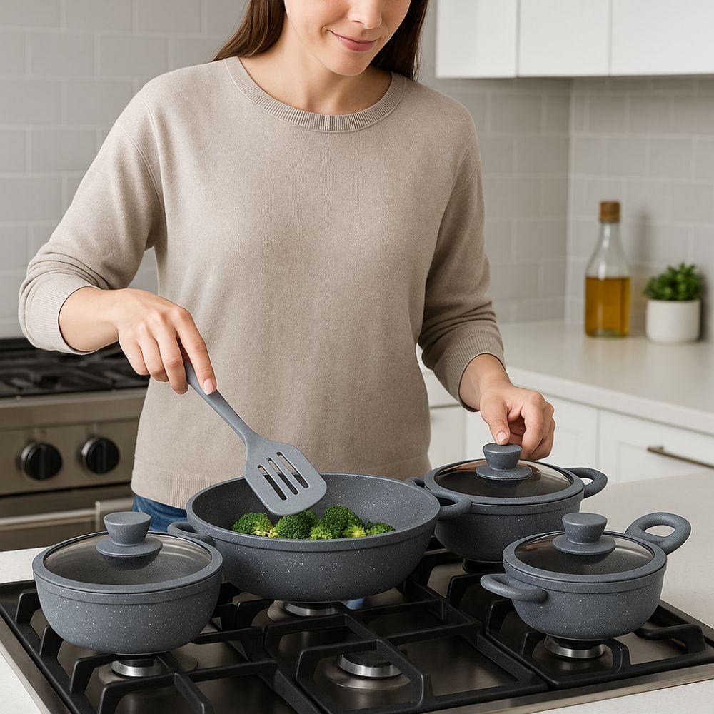  tris tegami effetto marmo con coperchi in vetro e 5 mestoli  20cm 24cm 28cm - foto 4