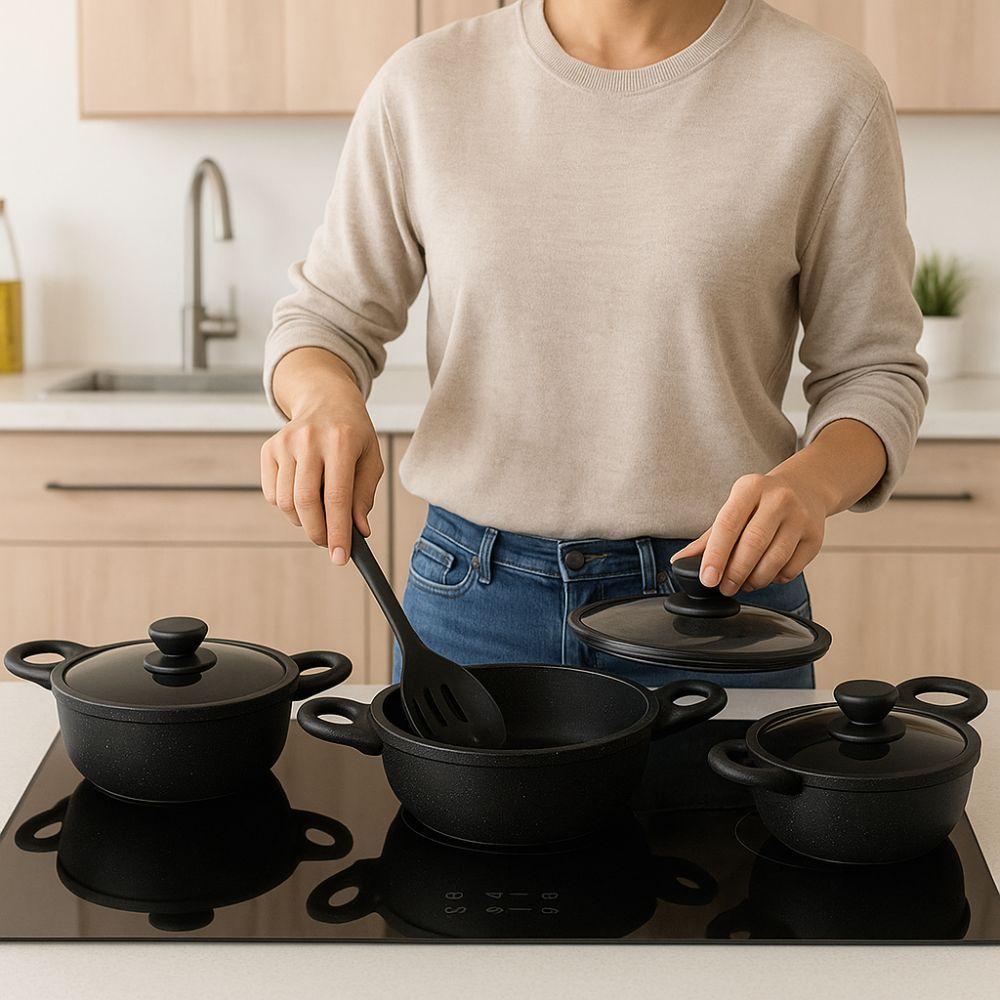  tris tegami effetto marmo con coperchi in vetro e 5 mestoli  20cm 24cm 28cm - foto 5