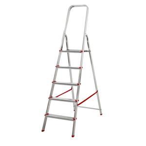 Scala in alluminio 5 gradini con pianetto in acciaio, piedini antiscivolo e blocco di sicurezza