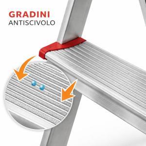 Scala in alluminio 5 gradini con pianetto in acciaio, piedini antiscivolo e blocco di sicurezza