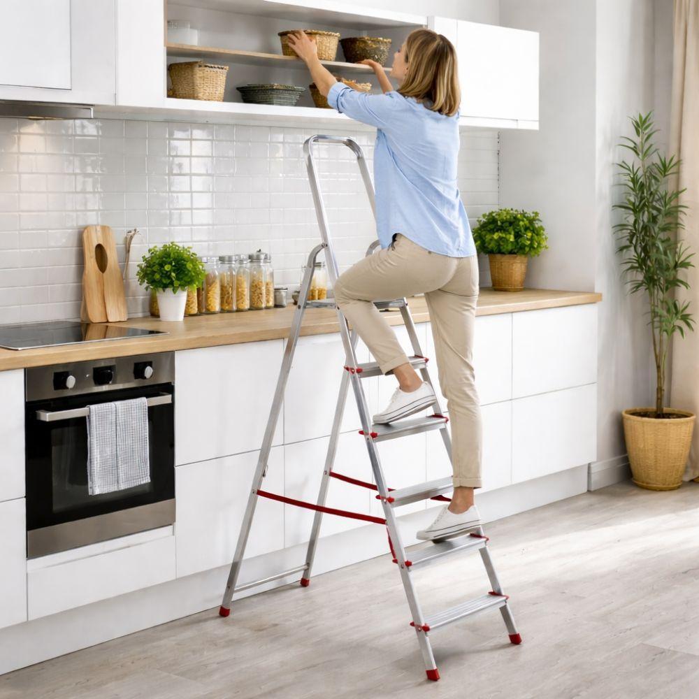  scala in alluminio 5 gradini con pianetto in acciaio, piedini antiscivolo e blocco di sicurezza - foto 5