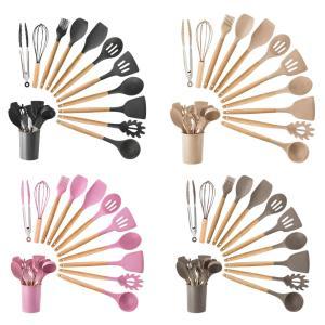 Set da 12 pz. di mestoli da cucina in silicone e legno con cestello contenitore