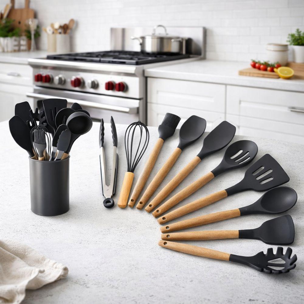  set da 12 pz. di mestoli da cucina in silicone e legno con cestello contenitore - foto 2