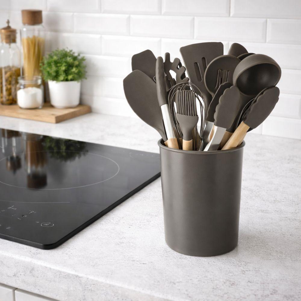  set da 12 pz. di mestoli da cucina in silicone e legno con cestello contenitore - foto 3