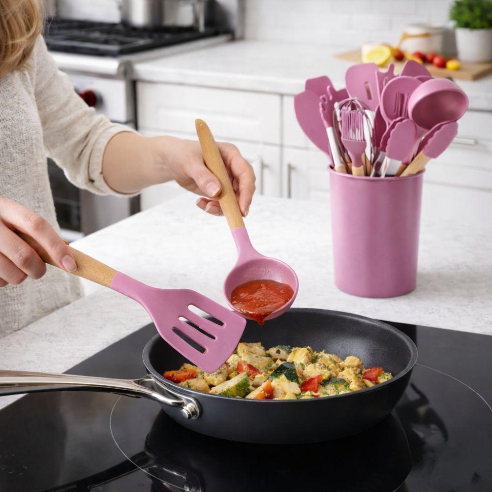  set da 12 pz. di mestoli da cucina in silicone e legno con cestello contenitore - foto 4