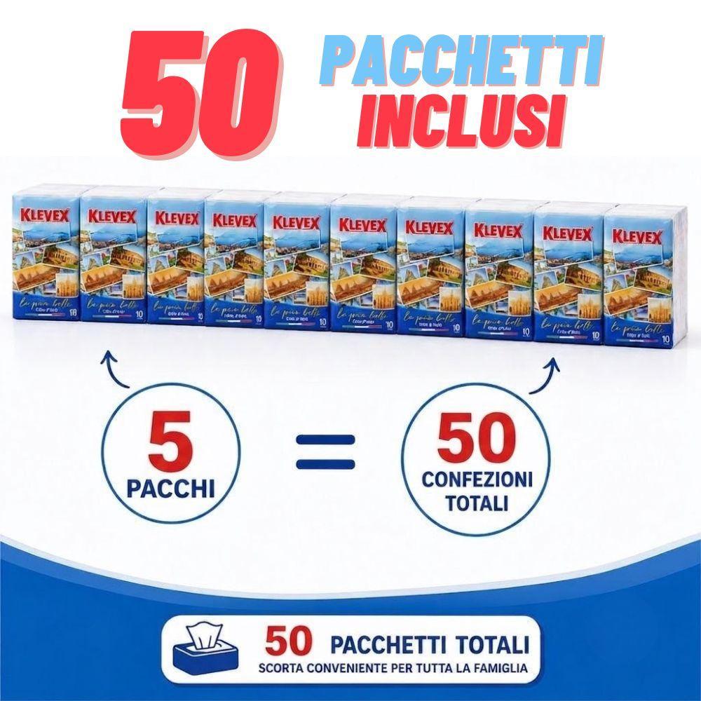 fatigati fazzoletti klevex 3 veli super morbidezza confezione scorta 50 pacchetti (5 pacchi da 10 pacchetti di fazzoletti) - foto 3