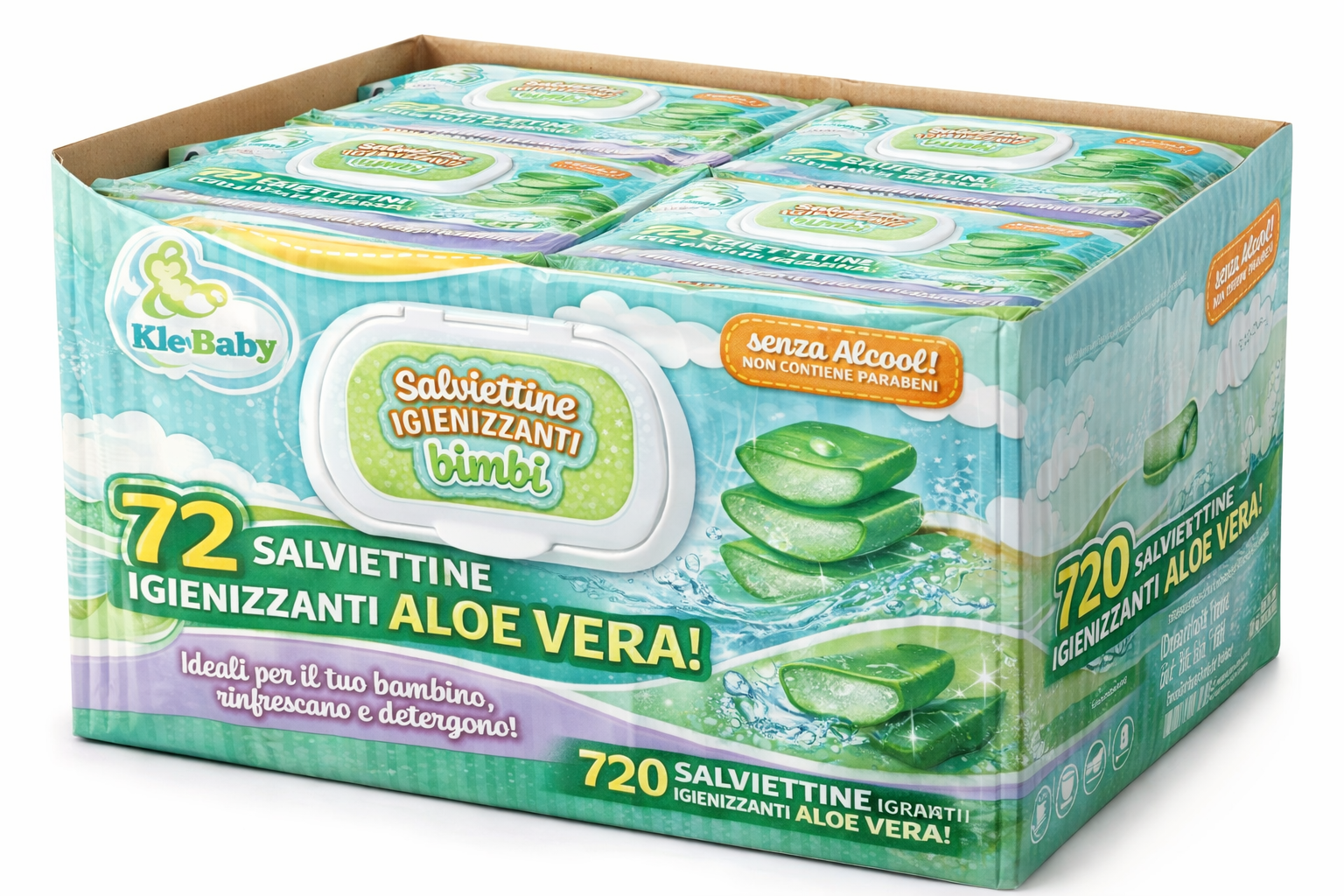 fatigati fatigati 720 salviettine igienizzanti idratanti con aloe vera (10 pacchetti da 72 pezzi) - foto 1 Salviettine igienizzanti idratanti Fatigati con aloe vera, confezione da 720 pezzi