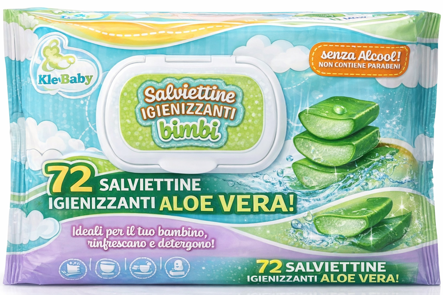 fatigati 720 salviettine igenizzanti  idratanti con aloe vera ( 10 pacchetti da 72 pezzi) - foto 3