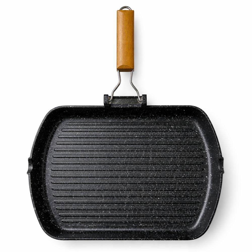  bistecchiera grill effetto barbecue stone antiaderente 36x26 cm con manico in legno - foto 1
