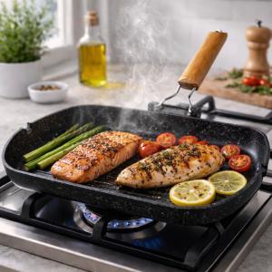 Bistecchiera grill effetto barbecue stone antiaderente 36x26 cm con manico in legno