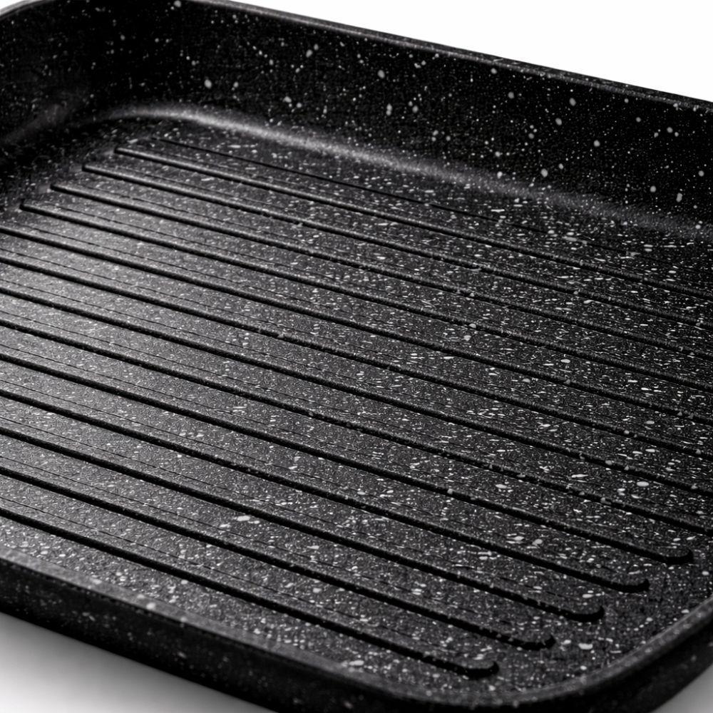  bistecchiera grill effetto barbecue stone antiaderente 36x26 cm con manico in legno - foto 3