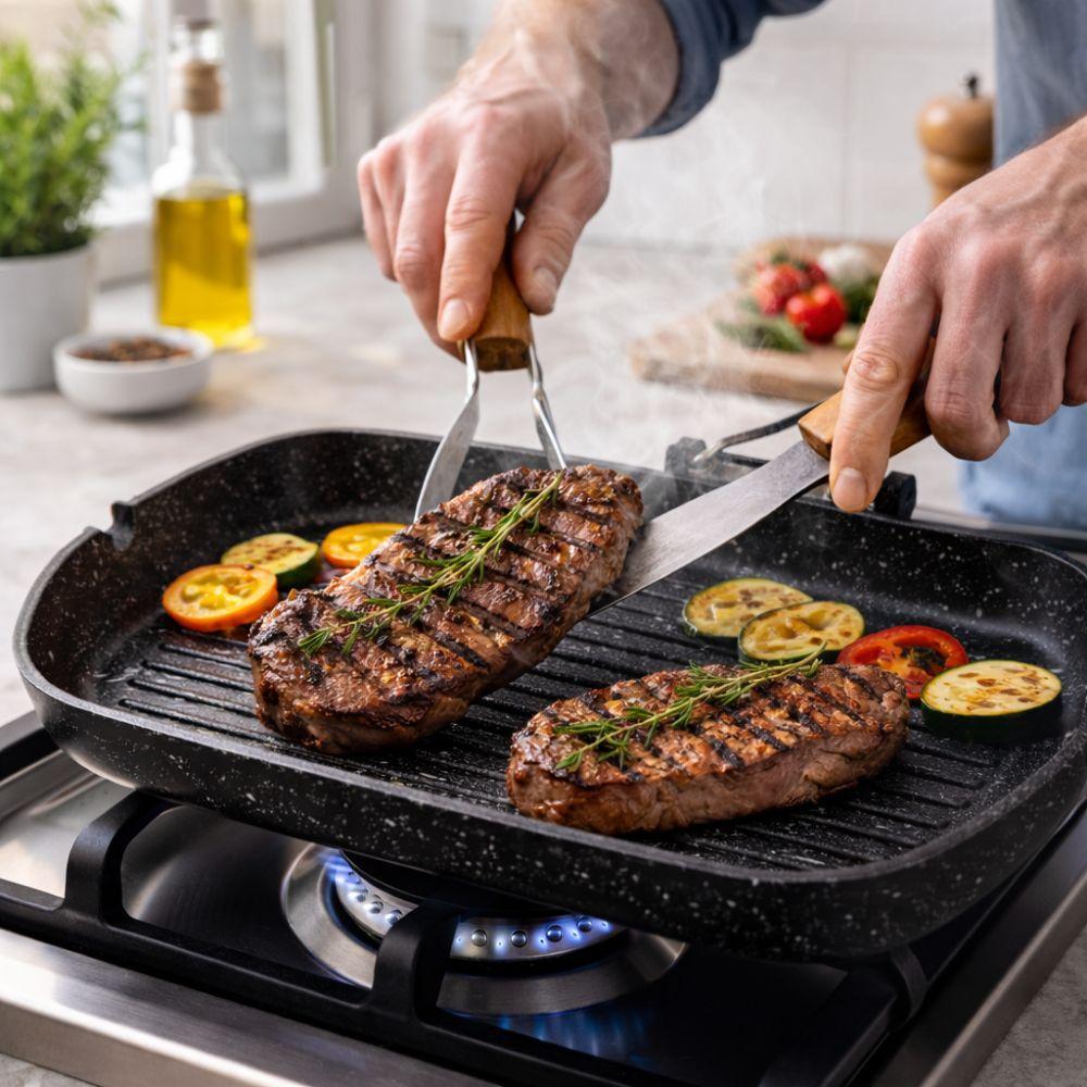  bistecchiera grill effetto barbecue stone antiaderente 36x26 cm con manico in legno - foto 4