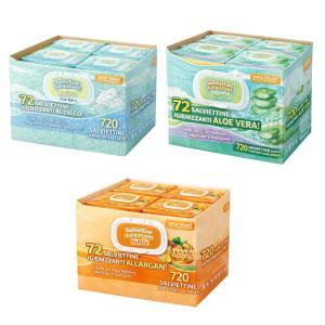 720 salviettine igenizzanti  idratanti con aloe vera/ talco/ argan  ( 10 pacchetti da 72 pezzi)