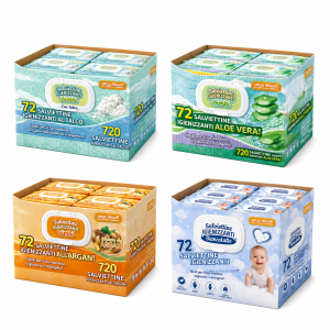 720 salviettine igenizzanti idratanti con aloe vera/ talco/ argan/ biancolatte  ( 10 pacchetti da 72 pezzi)
