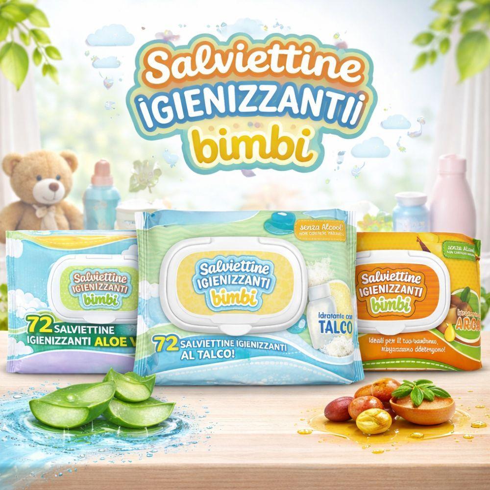  720 salviettine igenizzanti  idratanti con aloe vera/ talco/ argan  ( 10 pacchetti da 72 pezzi) - foto 5