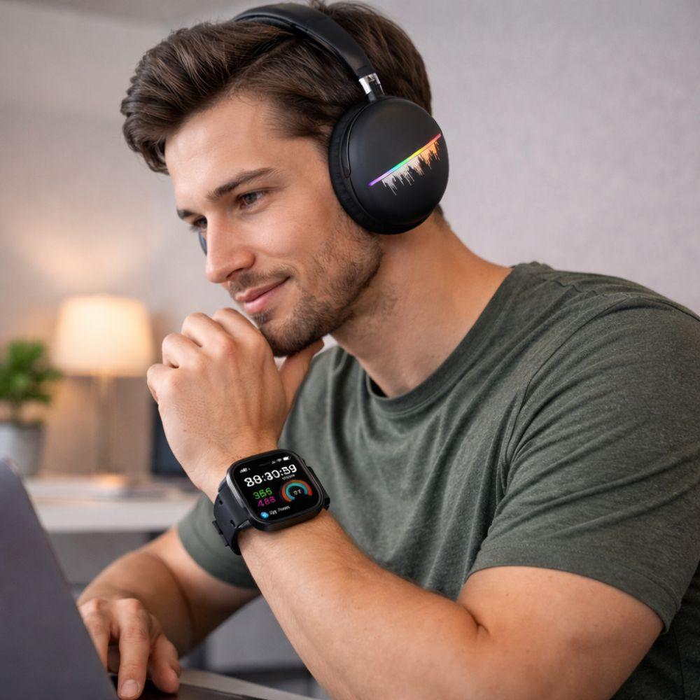  set di cuffie wireless bluetooth e smartwatch con tre cinturini intercambiabili - foto 5