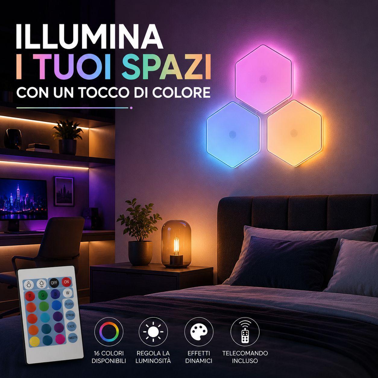 set 3 luci led esagonali rgb con telecomando illuminazione decorativa multicolore - foto 2 set 3 luci led esagonali rgb con telecomando illuminazione decorativa multicolore - foto 2