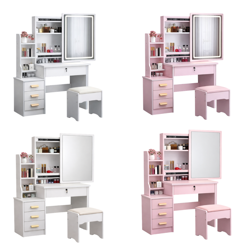  toeletta per trucco con specchio contenitore scorrevole, led e sgabello - foto 1