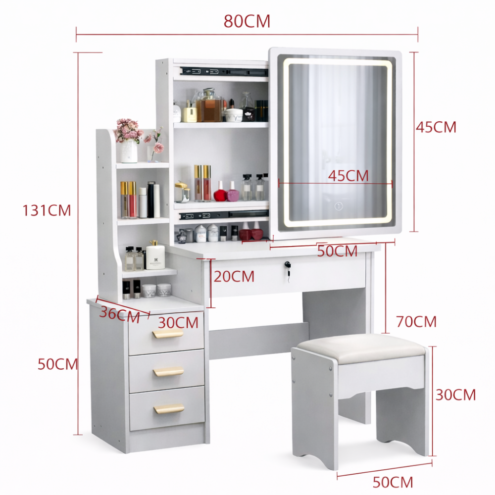  toeletta per trucco con specchio contenitore scorrevole, led e sgabello - foto 2