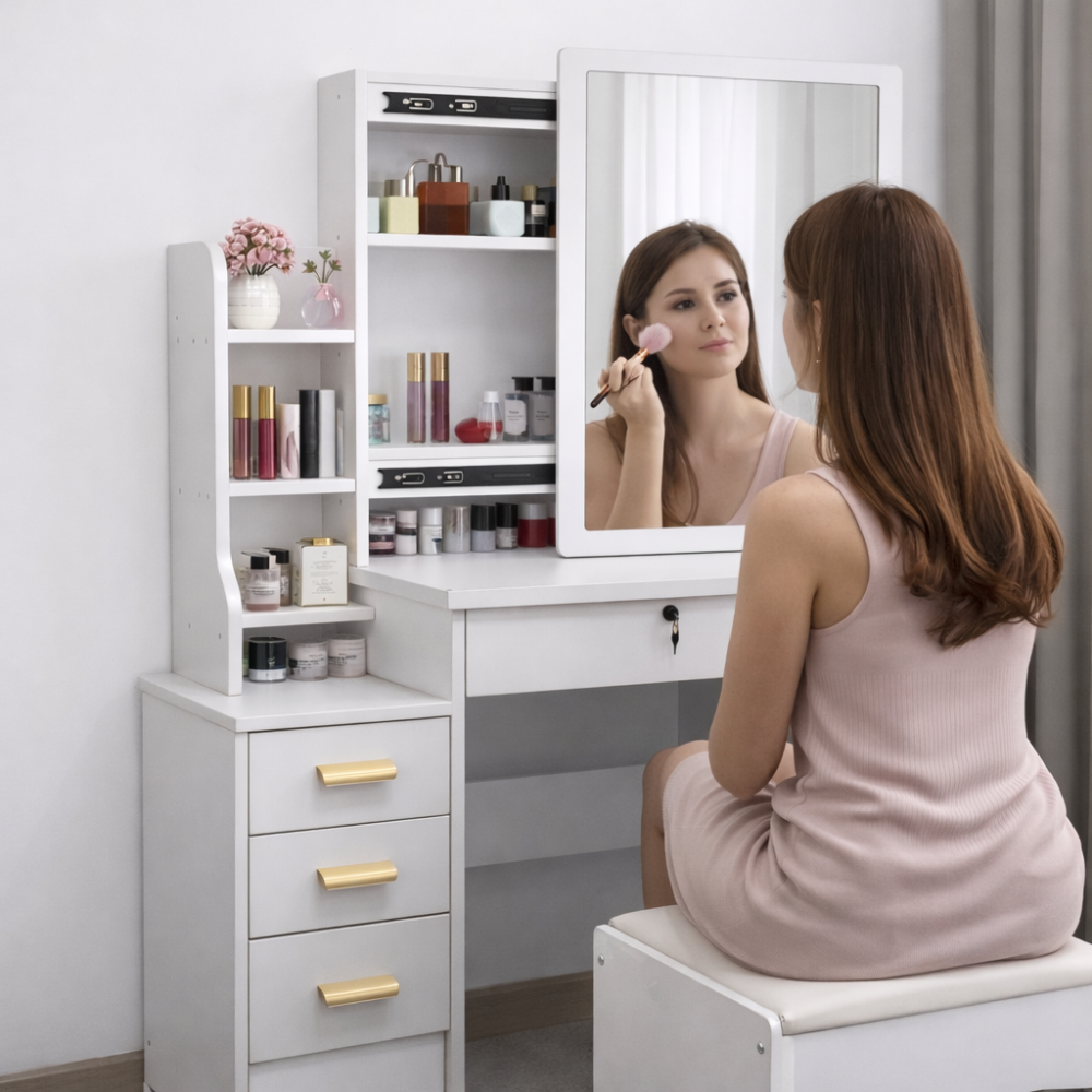  toeletta per trucco con specchio contenitore scorrevole, led e sgabello - foto 5