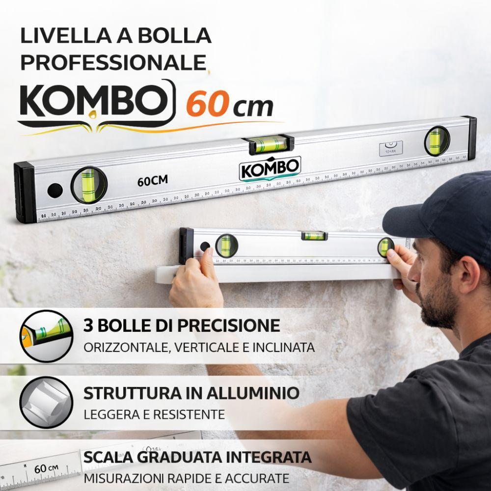  livella a bolla professionale kombo 60 cm in alluminio con 3 bolle di precisione - foto 2