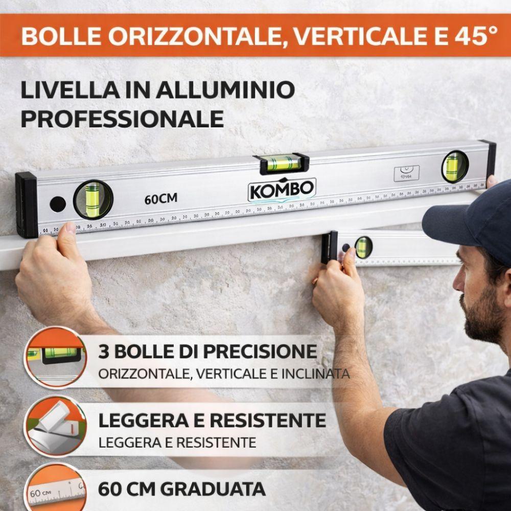  livella a bolla professionale kombo 60 cm in alluminio con 3 bolle di precisione - foto 3