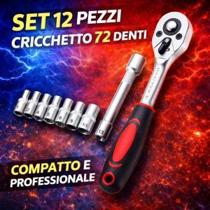 Set chiavi a cricchetto reversibile 1/4 72 denti con 10 bussole e prolunga