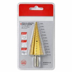 Fresa conica a gradini hss 4-32 mm in acciaio hss per metallo, pvc e lamiera