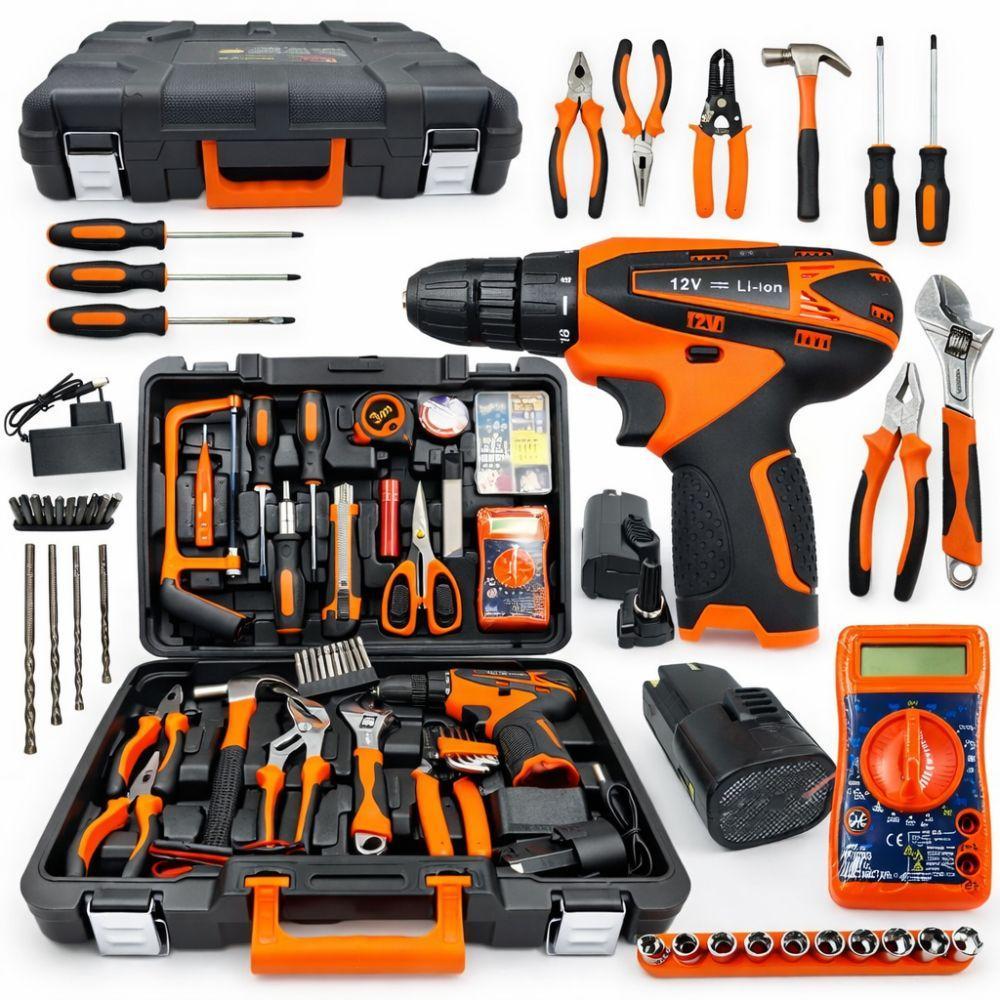  valigia attrezzi da 57 pezzi con trapano avvitatore 12v e accessori inclusi - foto 1