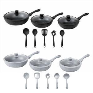 Tris di padelle con coperchi in vetro effetto marmo (20) - (24) - (28) cm