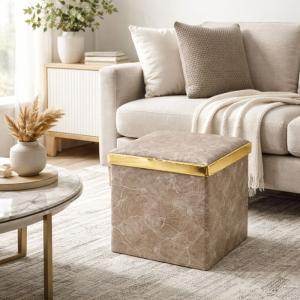 Pouf contenitore effetto marmo con coperchio dorato organizer elegante multiuso