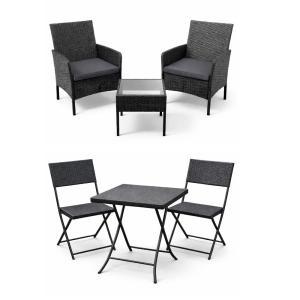 Set salotto da giardino 3 pezzi effetto rattan nero con cuscini