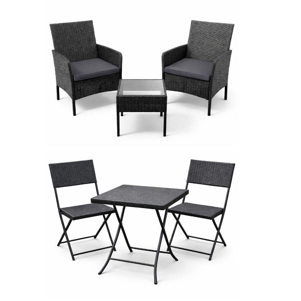  set salotto da giardino 3 pezzi effetto rattan nero con cuscini - foto 1