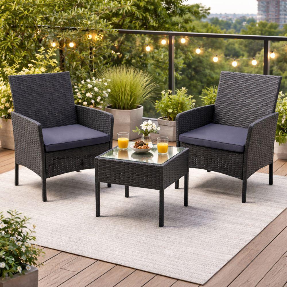  set salotto da giardino 3 pezzi effetto rattan nero con cuscini - foto 2