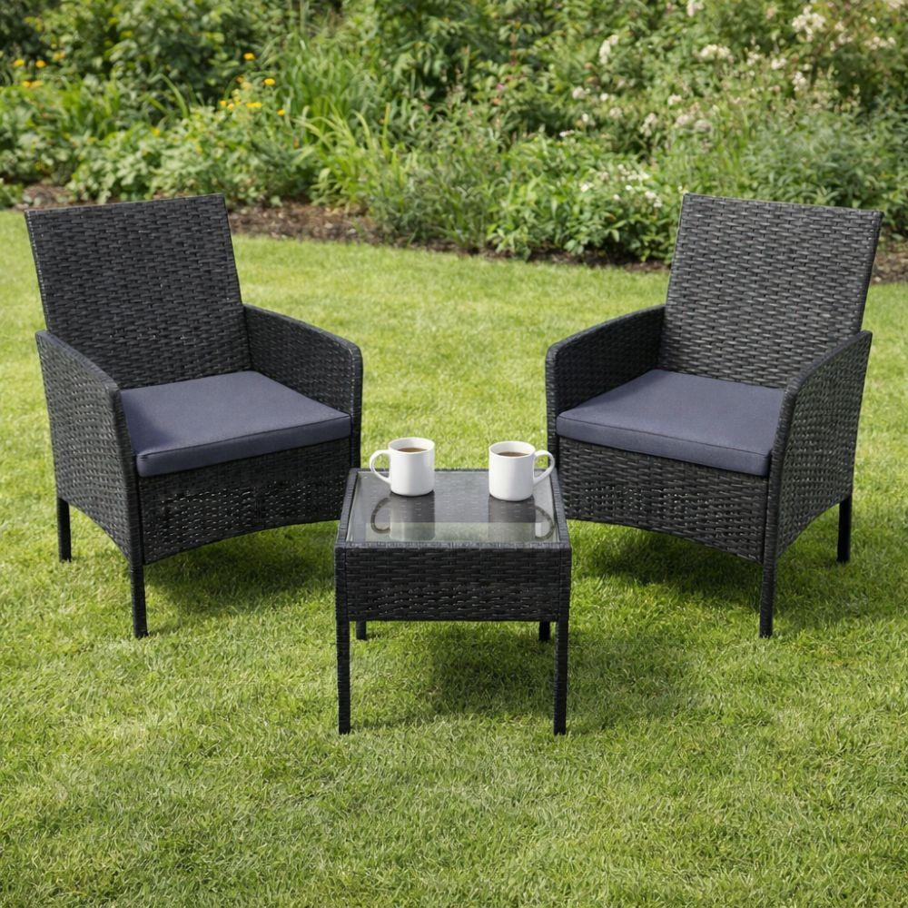  set salotto da giardino 3 pezzi effetto rattan nero con cuscini - foto 3