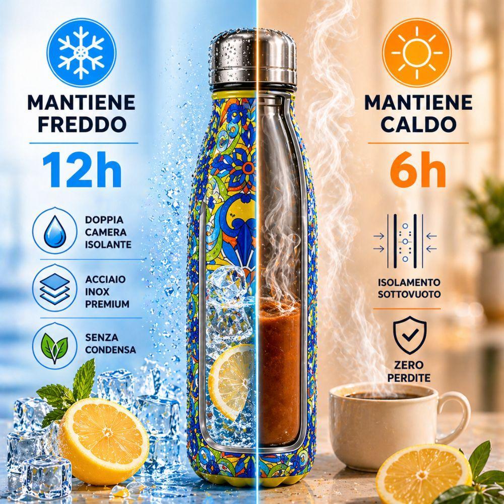  bottiglia termica acciaio inox 500ml doppia camera isolante design maioliche colorate mantiene caldo e freddo - foto 3