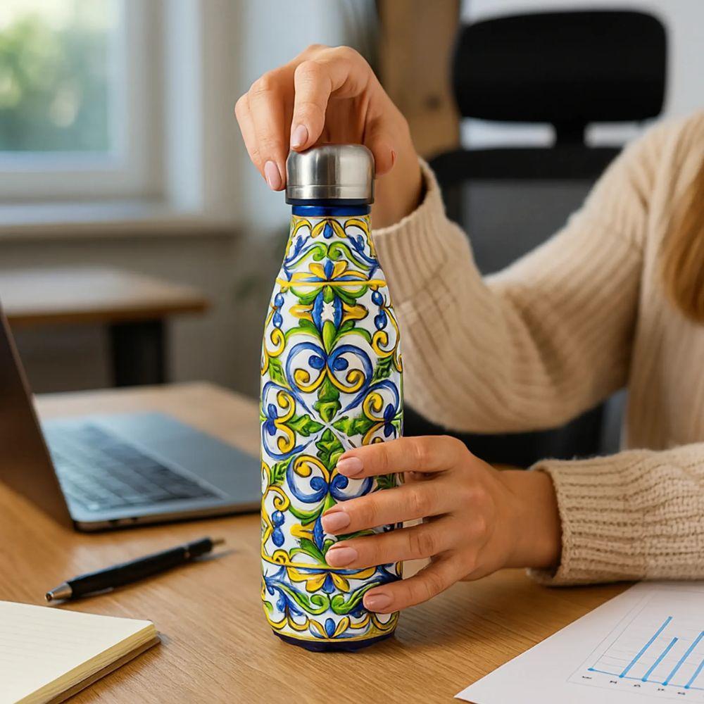  bottiglia termica acciaio inox 500ml doppia camera isolante design maioliche colorate mantiene caldo e freddo - foto 5