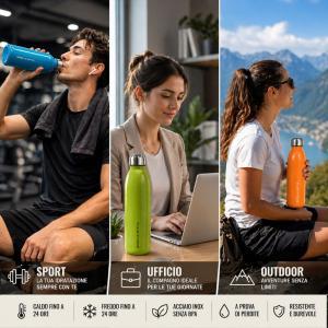 Bottiglia termica acciaio inox 750ml isolamento doppia parete caldo freddo 24h multicolore