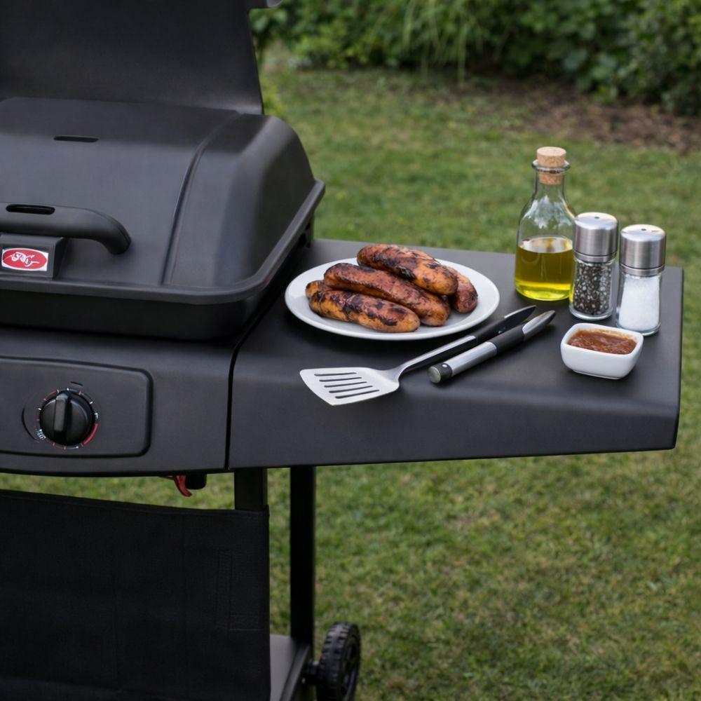  barbecue a gas 2 fuochi con coperchio, ruote e ripiani - foto 3