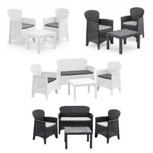 Set giardino con tavolino e cuscini effetto rattan