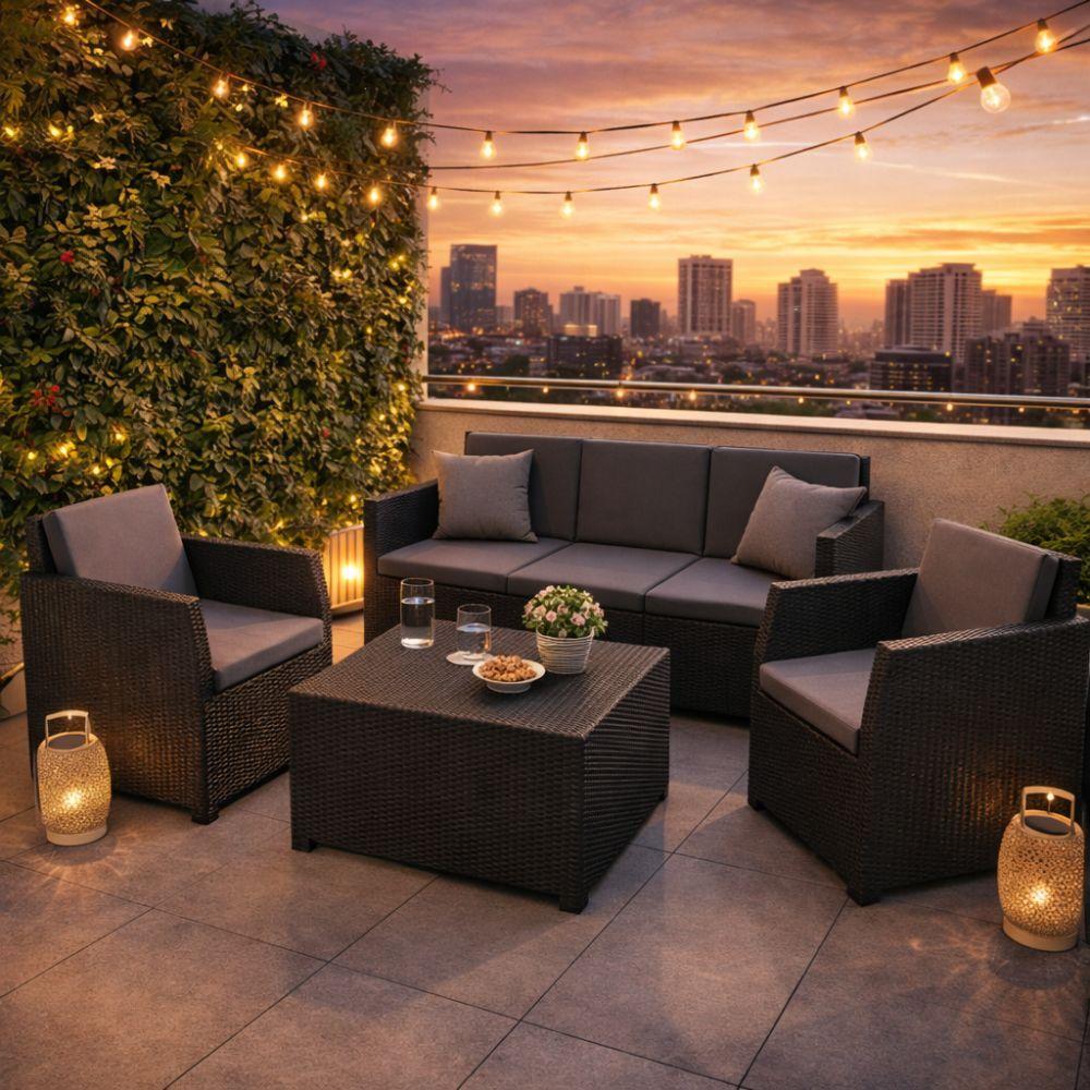  set salotto da giardino 4 pezzi effetto rattan nero con cuscini - foto 2