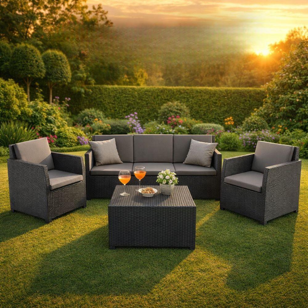 set salotto da giardino 4 pezzi effetto rattan nero con cuscini - foto 3