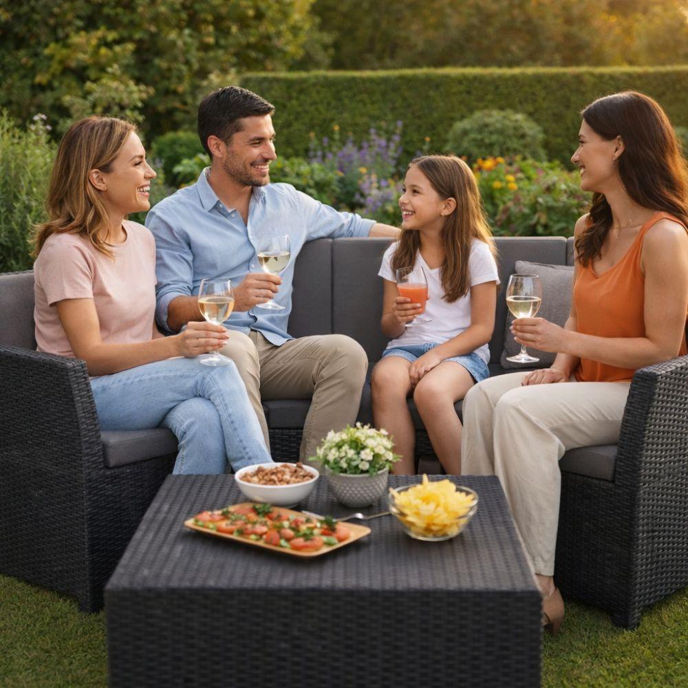  set salotto da giardino 4 pezzi effetto rattan nero con cuscini - foto 4