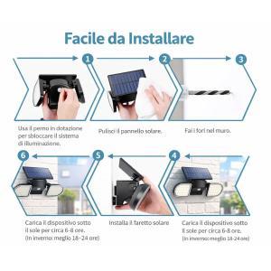 Faretto led solare da esterno con sensore di movimento con 3 teste 360° regolabili, ip65 impermeabile,  alta luminosità