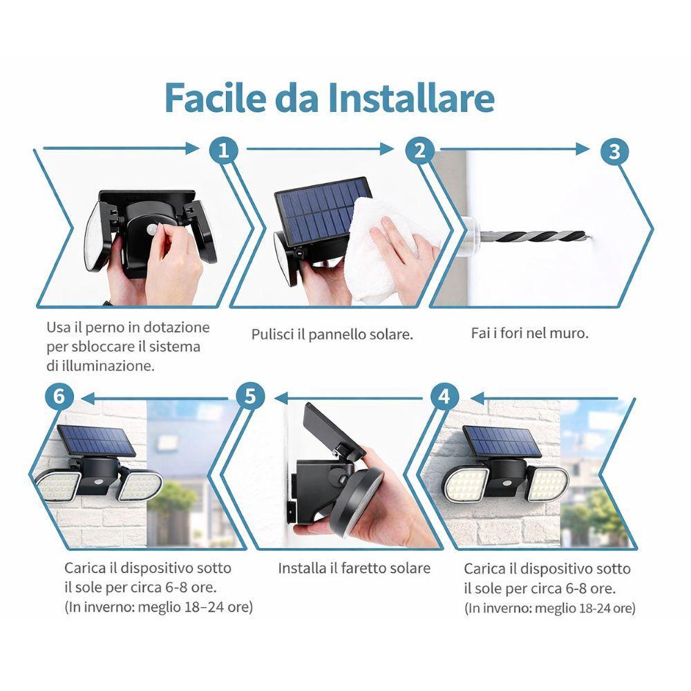  faretto led solare da esterno con sensore di movimento con 3 teste 360° regolabili, ip65 impermeabile,  alta luminosità - foto 2