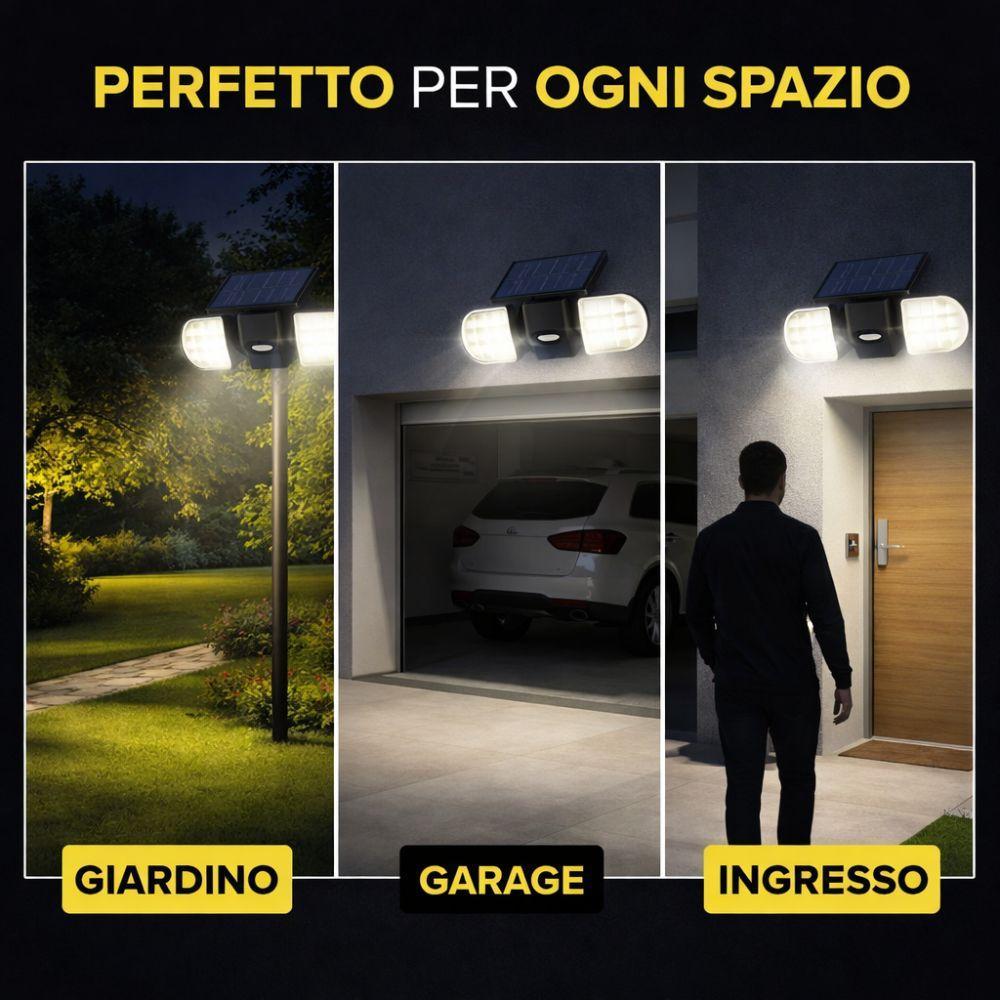  faretto led solare da esterno con sensore di movimento con 3 teste 360° regolabili, ip65 impermeabile,  alta luminosità - foto 4