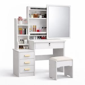 Toeletta trucco con specchio scorrevole e cassettiera - bianco elegante