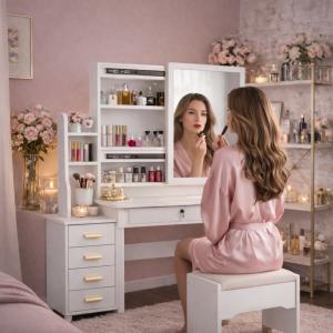 Toeletta trucco con specchio scorrevole e cassettiera - bianco elegante