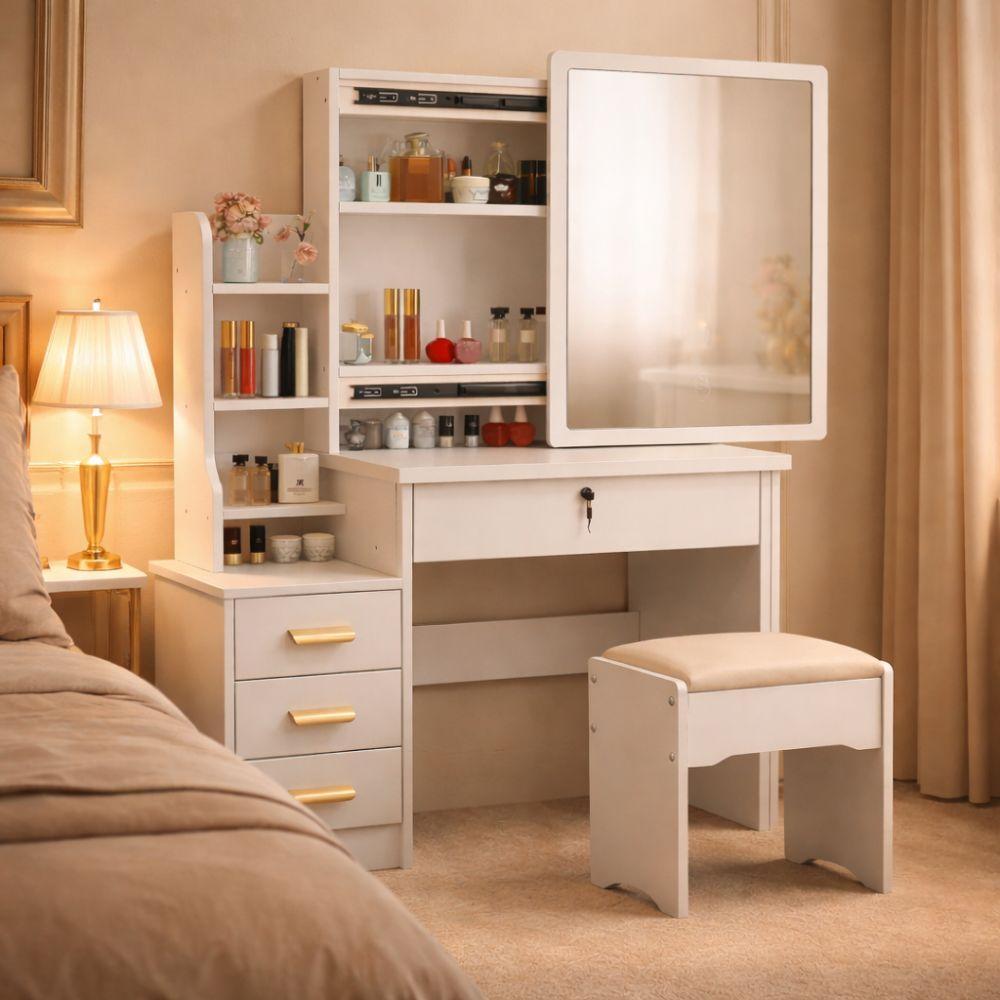  toeletta trucco con specchio scorrevole e cassettiera - bianco elegante - foto 3